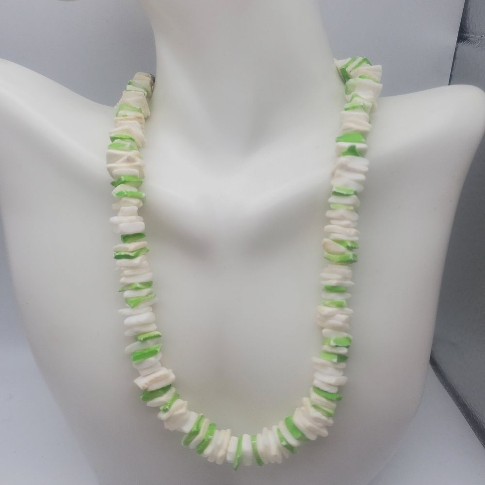 Green and white Puka chip shell necklace unisex